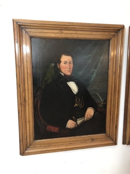 Antique A large pair of portraits of a ship's captain and his wife