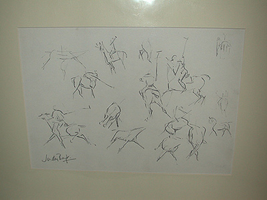 An original drawing pencil on paper by Judy Boyt of polo scenes 