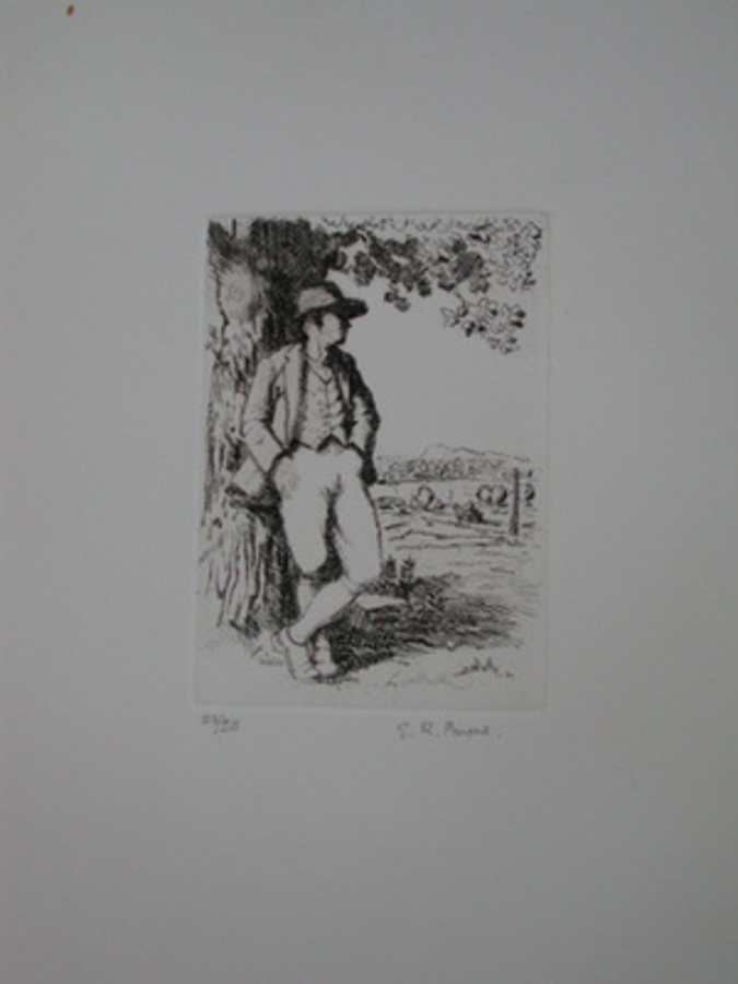 A  limited edtion etching by E R Payne a traveller resting numbered 22/50