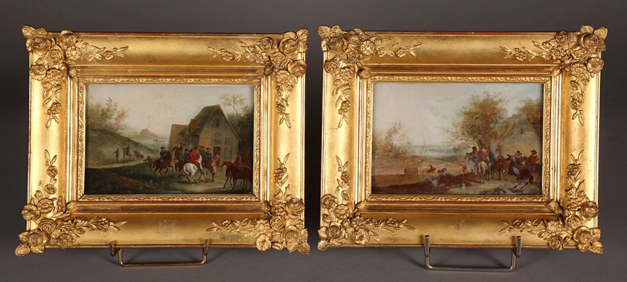 A pair of reverse glass paintings representing a group of horse riders in the manner of Blarenberghe