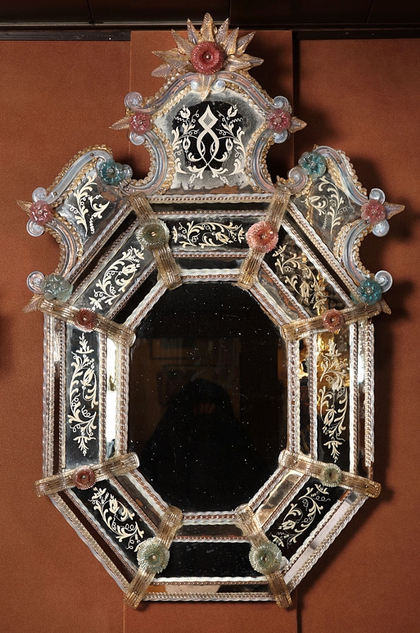 An important 19th century Venetian mirror engraved with polychrome glass flowers