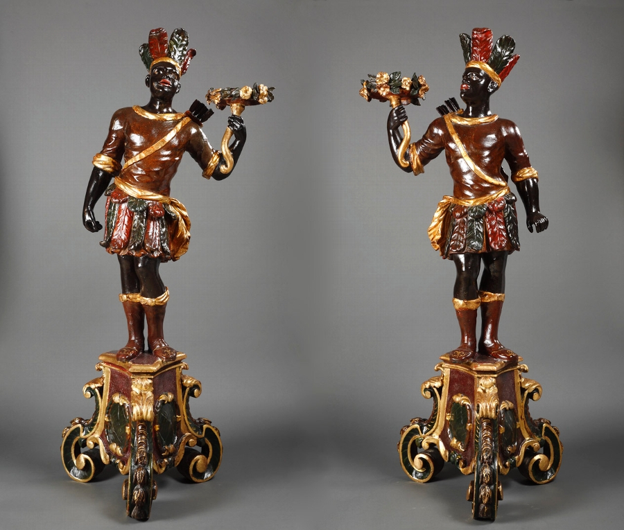Pair of 18th Century Venetian blackamoor in sculpted gilt wood and polychrom