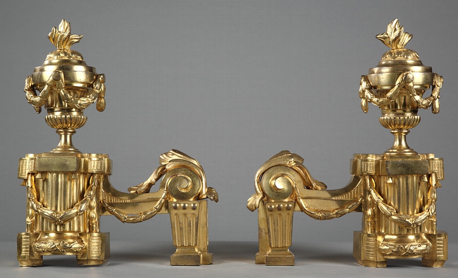 Pair of 19th Century French Louis XVI Period gilt bronze Fire-dogs