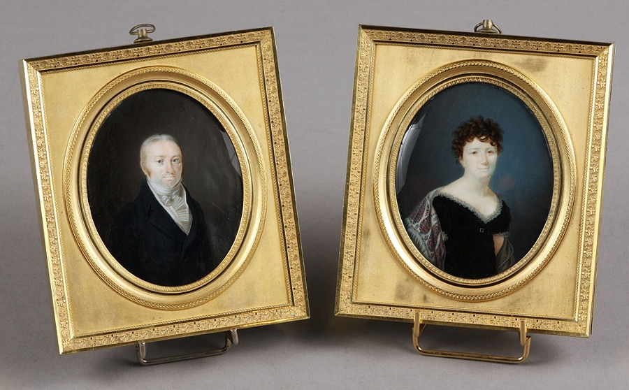 Early 19th century pair of miniatures on ivory in their original ormolu frames