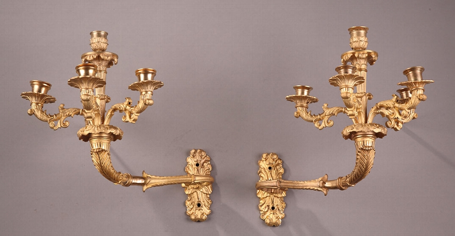 Pair of 19th century French gilt bronze five lights mirror side sconces