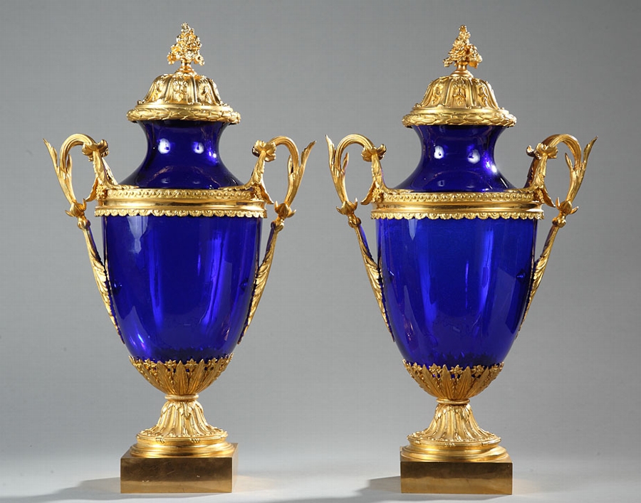 Pair of blue glass vases with neo-classic giltbronze mounts