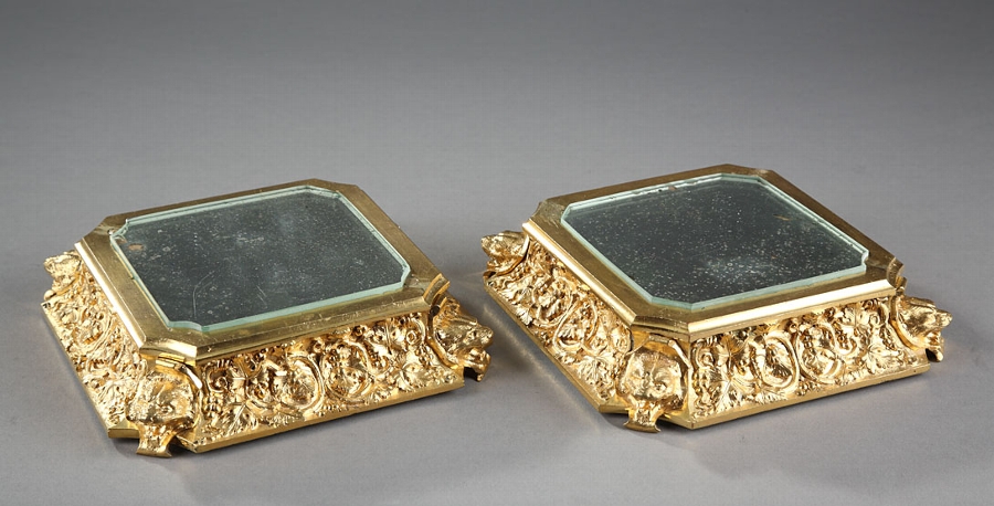 Pair of early 19th century ormolu stands ornate with lion's head and grape's leaves