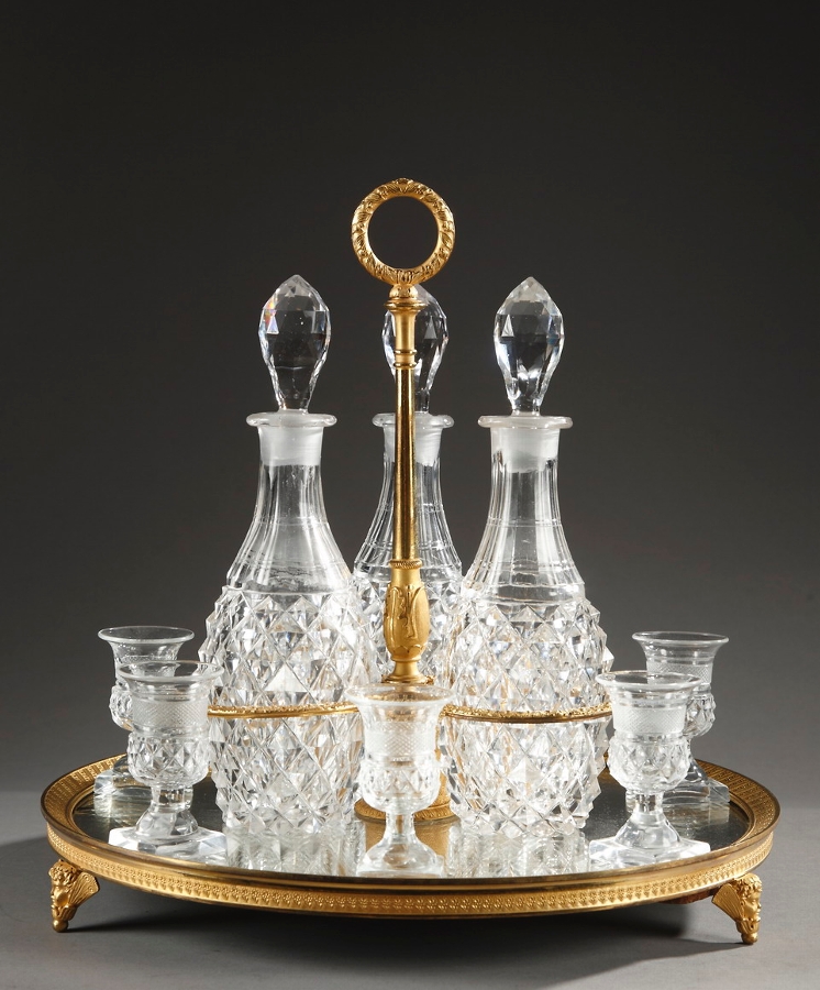 French early 19th century Charles X liquor set in cut crystal and ormolu