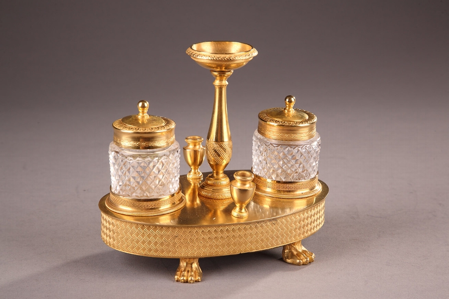 French XIXth century Charles X gilt bronze inkstand with two cut-crystal inkwells
