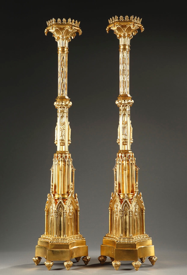 Large pair of French mid 19th century gothic style gilt bronze pricket sticks