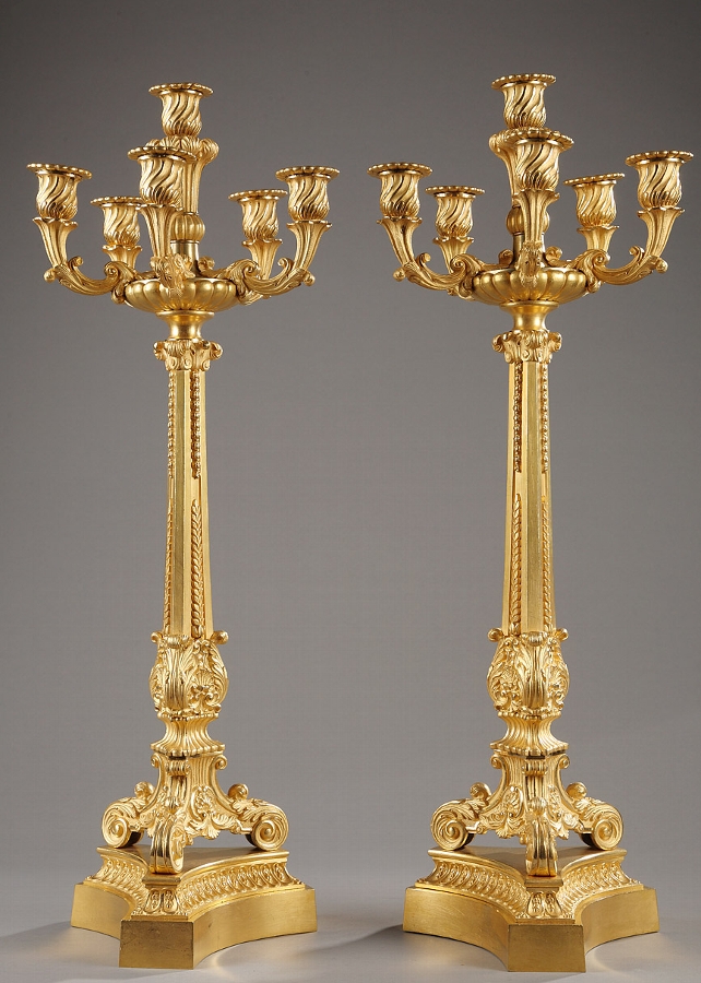 Large pair of French early 19th century ormolu six lights candelabra
