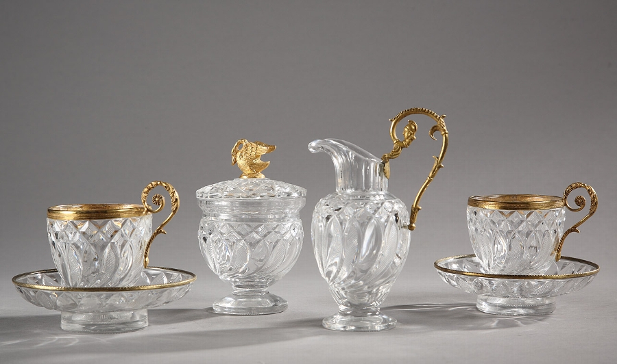 Tea or coffee set in Charles X cut-crystal attributed to the factory of Le Creusot, with gilt bronze mount