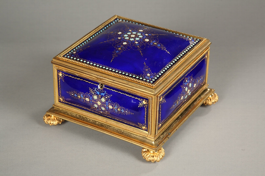 French 19th century blue enamel and gilt bronze mount casket from Bourg in Bresse