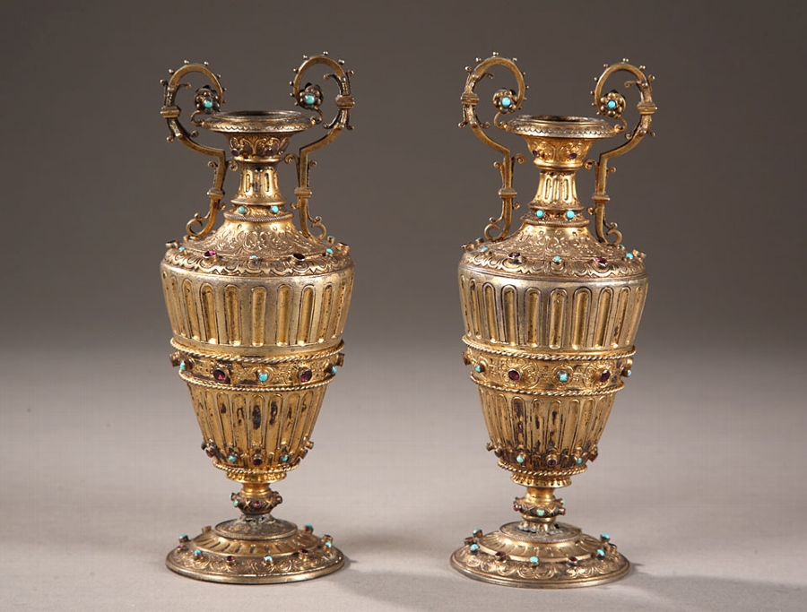 Pair of 19th century Austro-Hungarian vases in silver gilt with turquoise and amethyst pearls