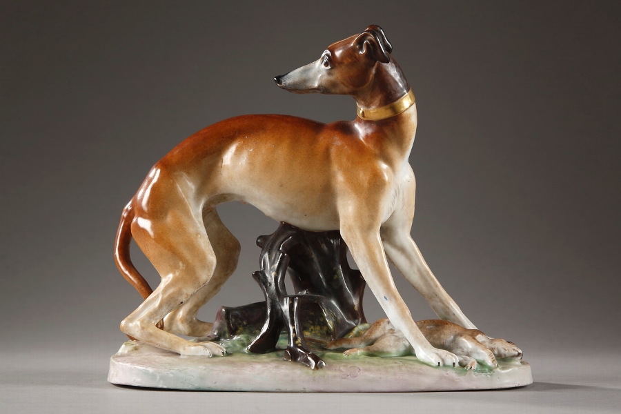 Greyhound and hare polychrome Paris porcelain signed Jacob Petit