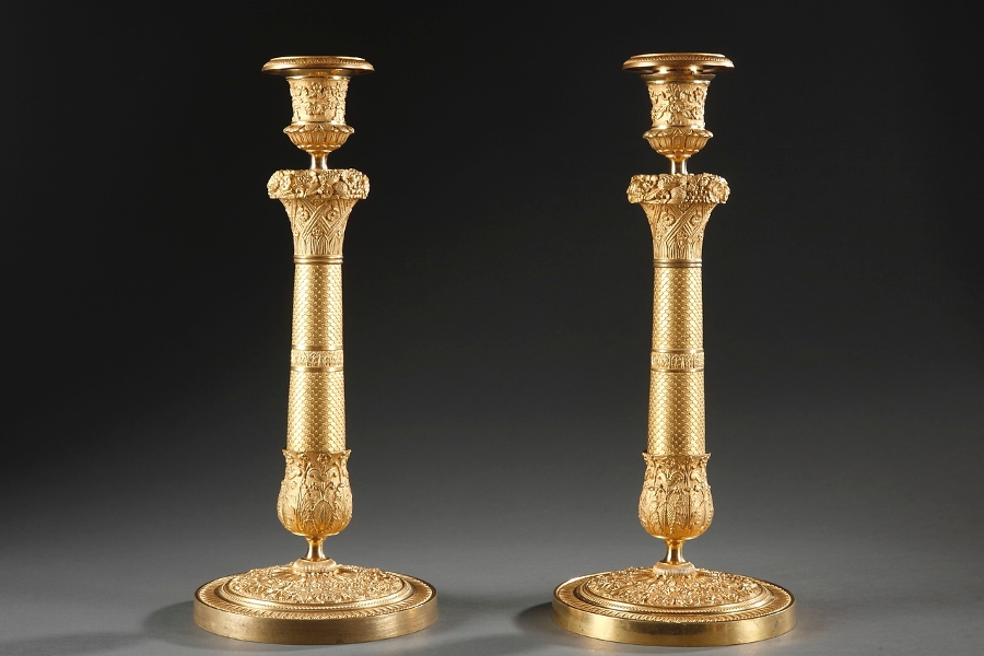 Pair of Gilt Bronze Restauration Candlesticks Decorated With Palmette and Scales