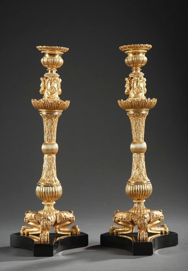 Pair of Gilt Bronze Tripod Candlesticks on Black Marble Pedestal