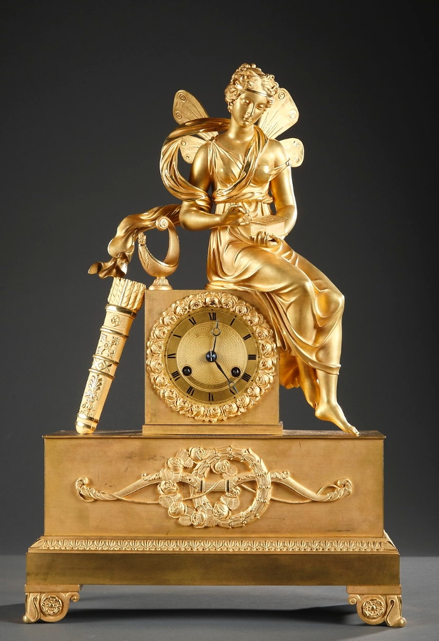 Gilt bronze mantel clock with Psych? signed Meyer