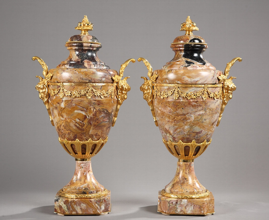 Pair of Napoleon III Gilt Bronze and Marble Vases