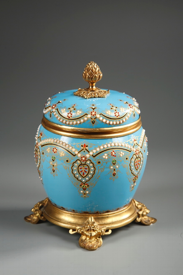 A French 19th century round casket in Bresse light blue enamel and ormolu mounts