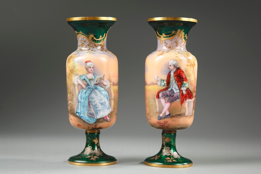 Pair of French Nineteenth century Limoges enamel vases, signed Vibert