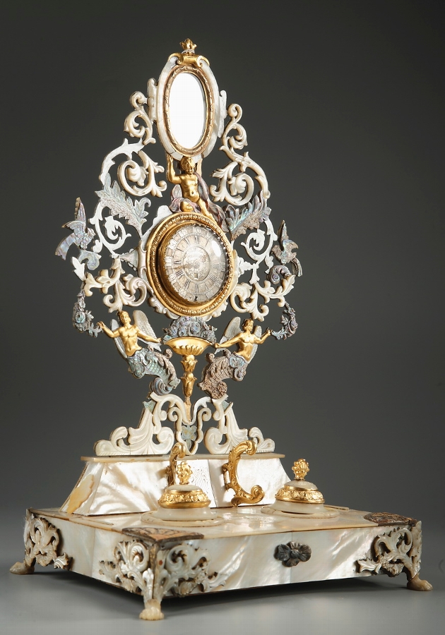 Exceptional Charles X ormolu and white mother of pearl table-clock - inkstand signed Johnson in London