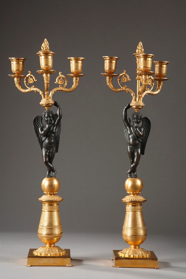 Paire of Gilt and Patinated Three-light Candelabra Bronze With Winged Angel