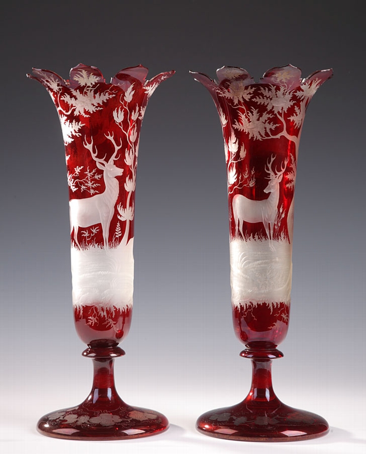 19th century pair of Bohemian red crystal vases with deers