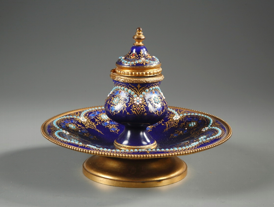 A late French 19th century inkstand in blue Bresse enamel