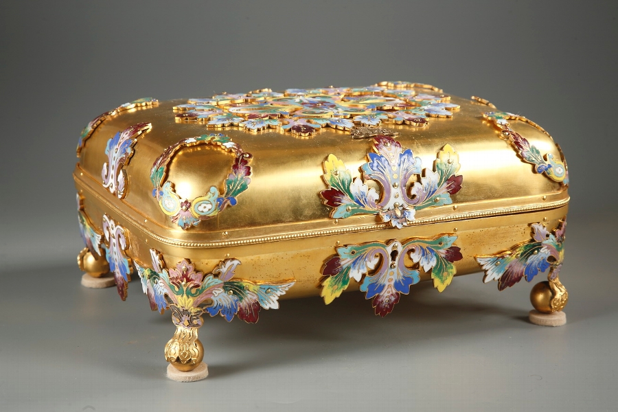Late nineteenth century casket in gilt bronze and polychrome enamel