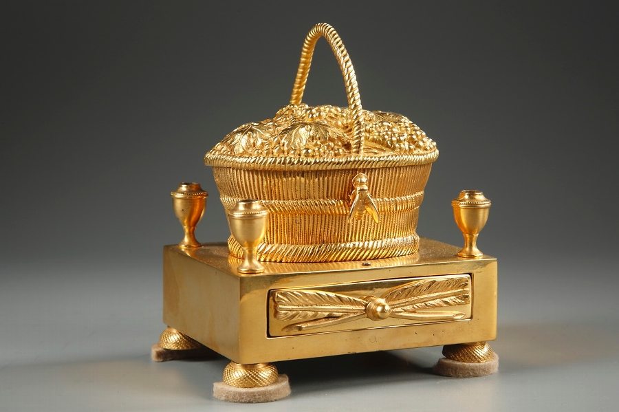 French 19th century Charles X gilt bronze basket-shaped inkwell