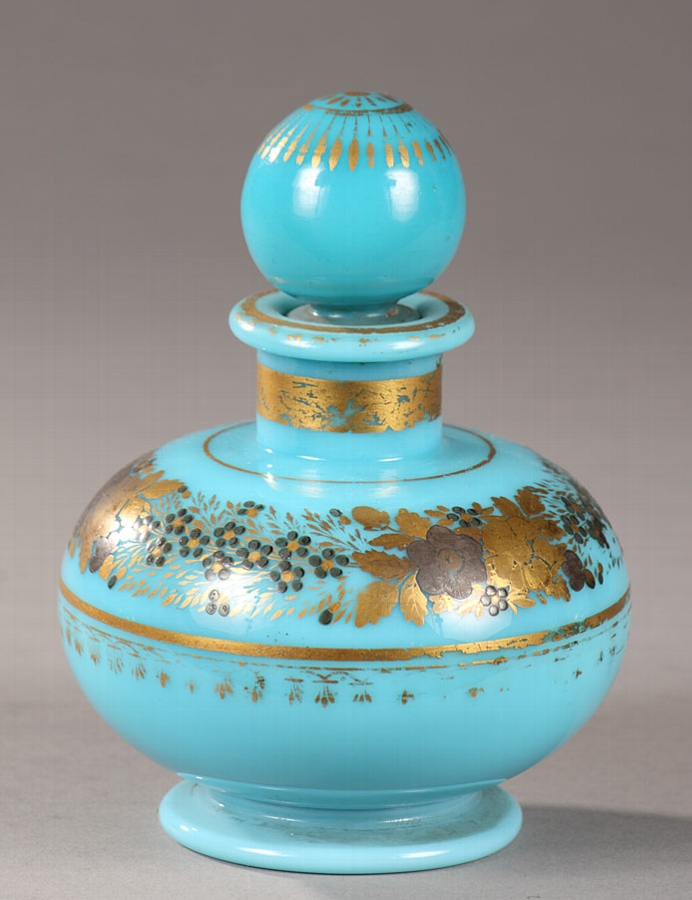 Early 19th century perfume bottle in turquoise opaline decorated by Jean-Baptiste Desvignes