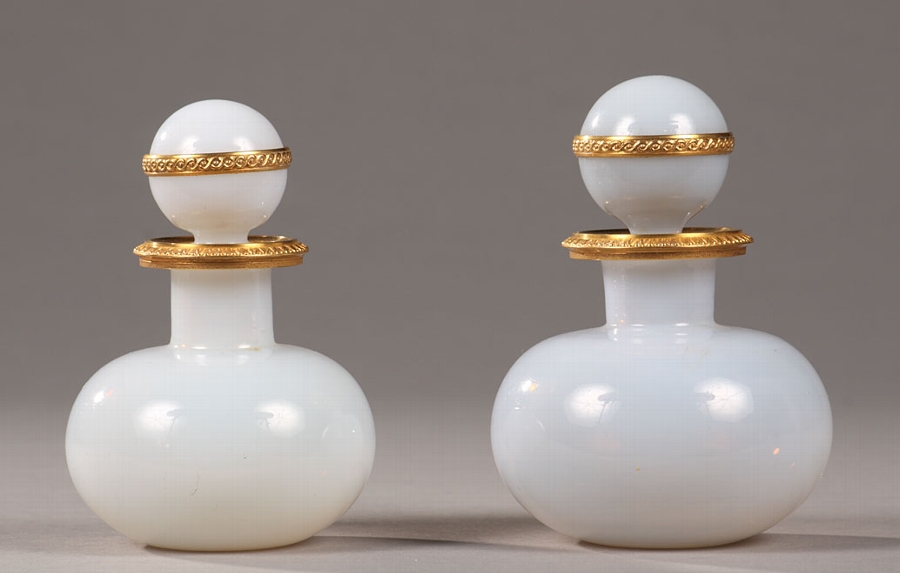 Pair of white opale crystal perfume bottles, Charles X period