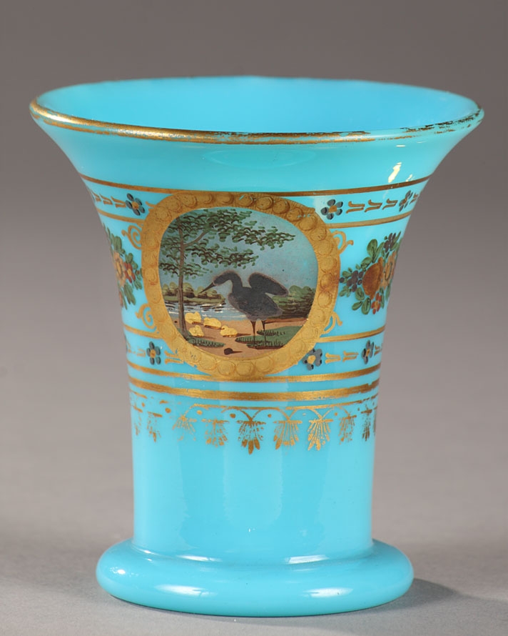Charles X blue opaline glass decorated by Jean-Baptiste Devignes