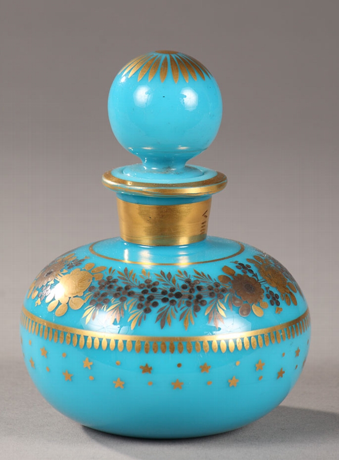 Charles X perfume bottle in turquoise opaline decorated by Jean-Baptiste Desvignes