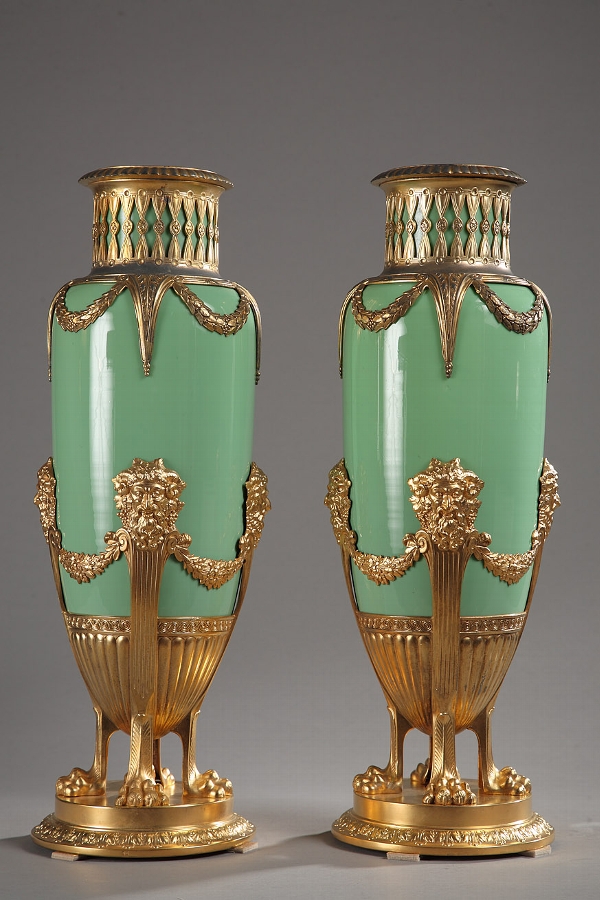 Late 19th century green jade and gilt brass vases