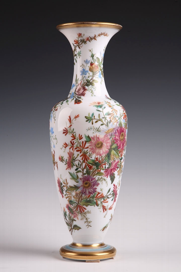 A Restauration enamelled opaline vase with polychrome flowers and golden stripes