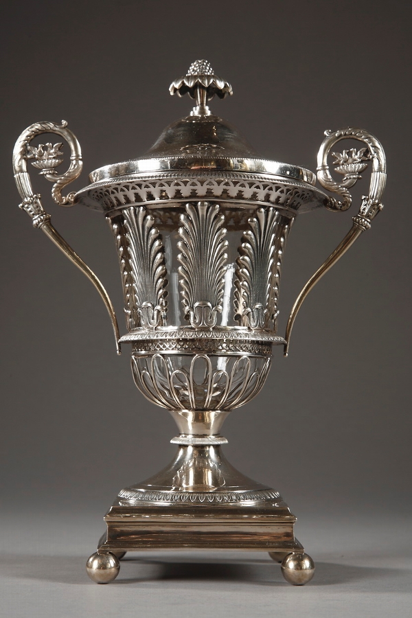 A French 19th century silver and crystal sweetmeat vase with palmettes