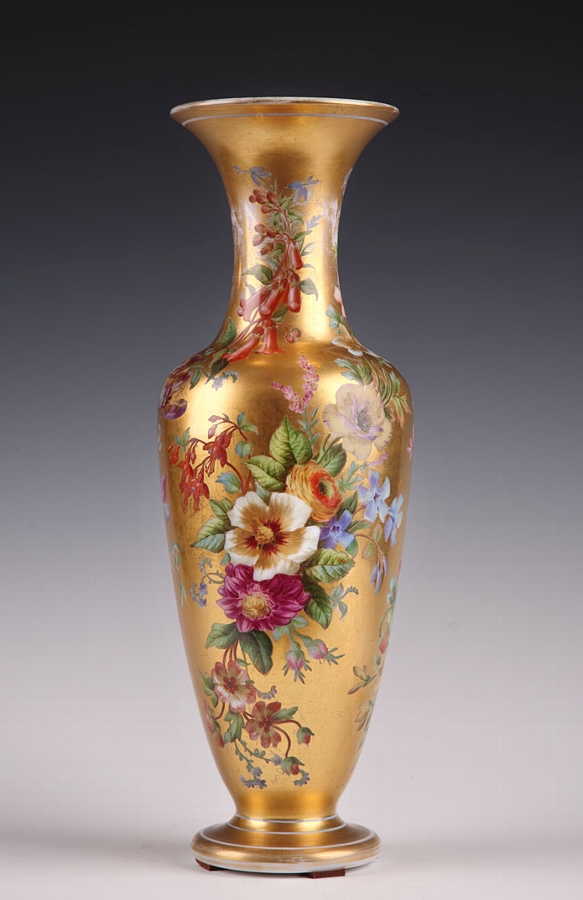 Enamelled opaline vase with flowers on gilded background