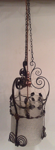 Antique Lovely iron lantern, attributed to Benson, decorated with scrolling leafwork c.1900