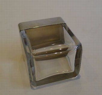 Antique Small English Art Deco Cut Glass, Sterling Silver & Guilloche Enamel Box - 1939