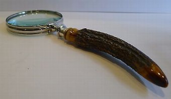Antique Grand Vintage English Antler Horn & Sterling Silver Magnifying Glass - 1919