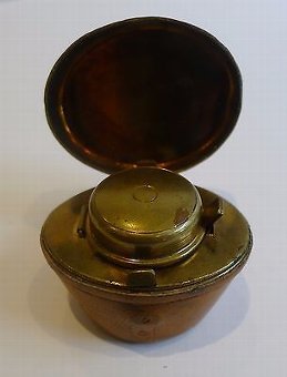 Antique Antique Novelty Leather Covered Travel Inkwell - Top Hat Box or Bucket c.1890