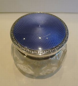 Antique Stunning English Crystal, Sterling Silver & Guilloche Enamel Powder Bowl - 1923