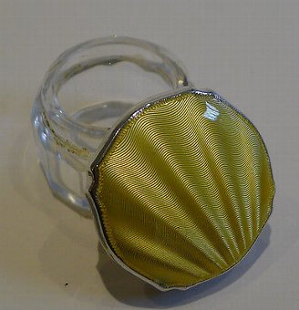 Antique English Sterling Silver & yellow Guilloche Enamel Lidded Pot - 1936