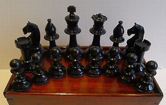 Antique Antique English Weighted Boxwood Chess Set With Storage Box c.1910