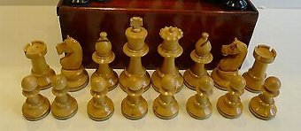 Antique Antique English Weighted Boxwood Chess Set With Storage Box c.1910