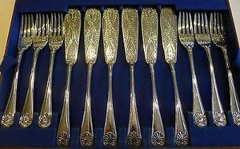Antique Magnificent Set Antique English Fish Cutlery by William Howe c.1885