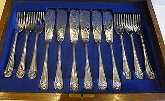 Antique Magnificent Set Antique English Fish Cutlery by William Howe c.1885
