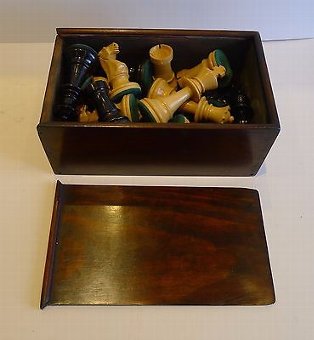 Antique Large Antique English Weighted Boxwood Chess Set With Storage Box c.1910